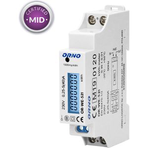 Orno Stromzähler OR-WE-521, digital, MID geeicht, Wechselstromzähler, 1-phasig, für Hutschiene