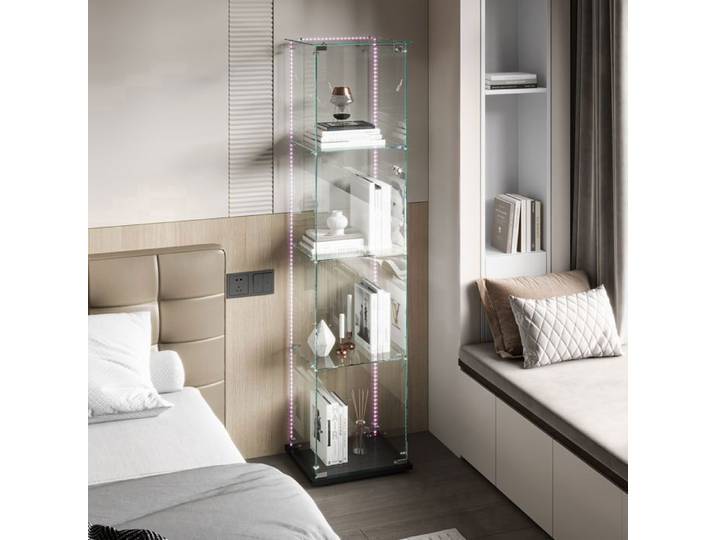 Vitrine en verre Vitrine armoire Vitrine en verre de salon Vitrine moderne LED 1 porte 4 étagères Vitrine de collection Noir