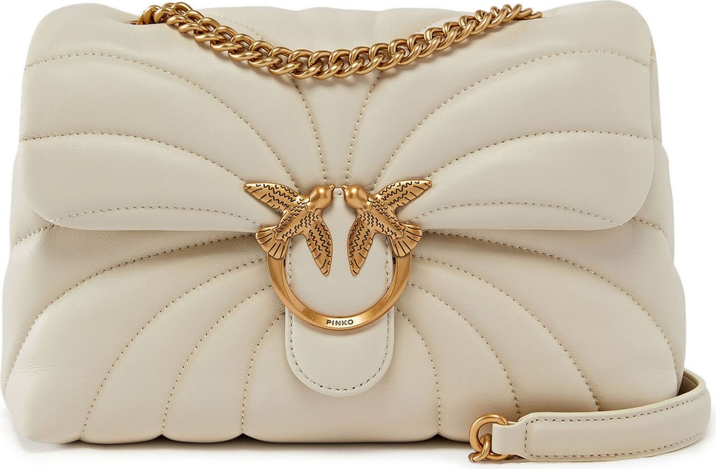 PINKO Leder Umhängetasche Schultertasche Love Puff Classic CL Sheep Nappa Quilt White - Antique Gold creme