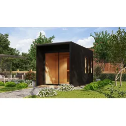 Karibu Design Saunahaus Miramar mit Vorraum - 73 mm naturbelassen Inkl. Terrasse 9 kW Ofen inkl. Huum Wlan Steuergerät mit App-Funktion