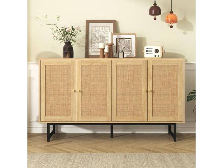 Buffet 140x39 5x80 cm avec tressage Buffet salle a manger en rotin véritable Meubles Cuisine Buffet 4 portes