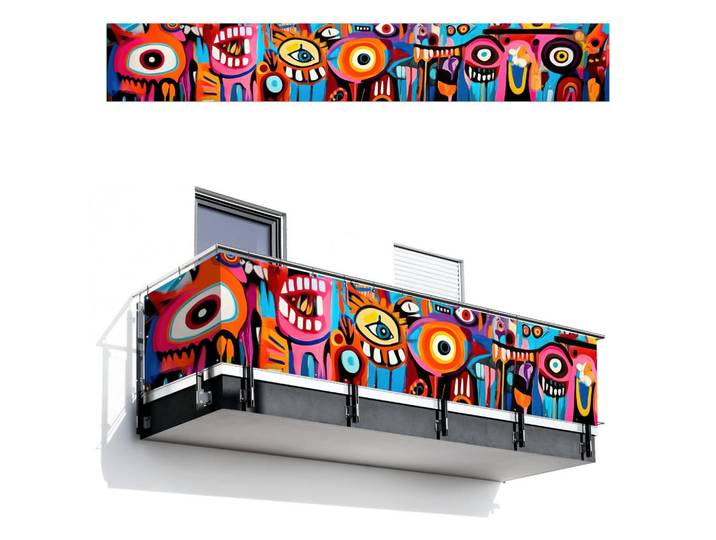 MuchoWow Balkon-Sichtschutz Abstrakt - Gesicht - Farbenfroh, Mehrfarbig, Kunststoff, Rechteckig, 500x75 cm, Sonnenschutz, Sichtschutz