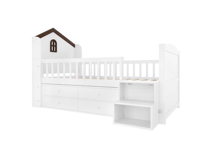 Lit Mi-hauteur Enfant 90x200 Cm Maison\, Led\, Tiroirs\, Échelle\, Blanc Modenuit