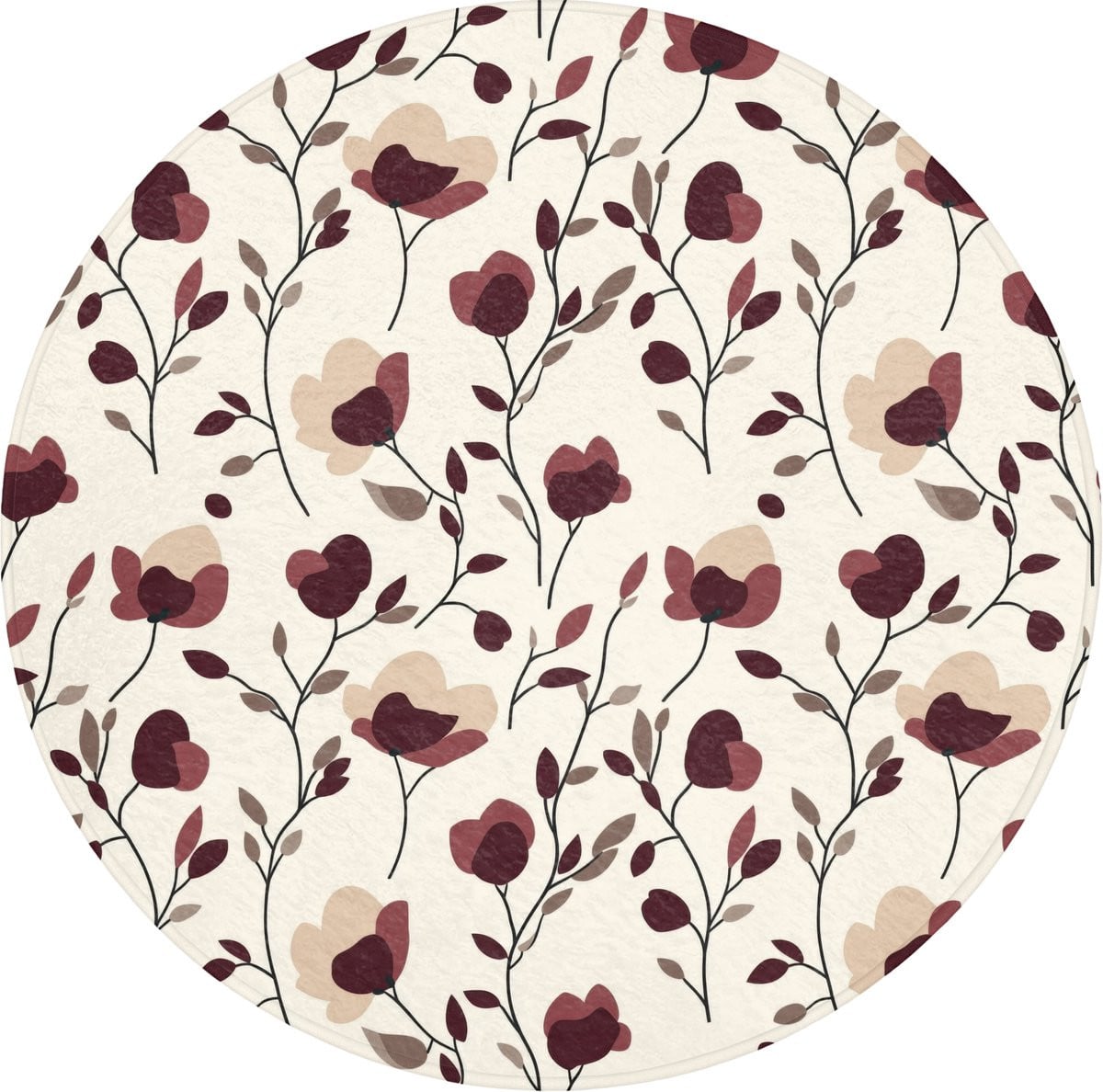 OnlyWow Ronde Badmat met Botanisch Bloemenmotief - Antislip - Bordeaux - Diameter: 70 cm