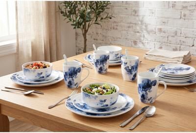 Safdie & Co. H2K Midnight Roses 16-Piece Porcelain Dinnerware Set, Service for 4, Blue and White Floral