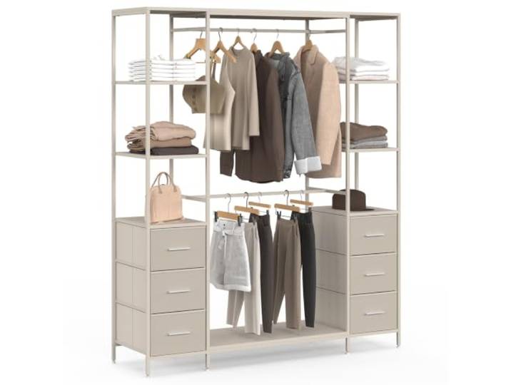 IDMarket - Dressing double penderie + double colonne UTAH Avec 6 étagères et 6 bacs en tissu beige