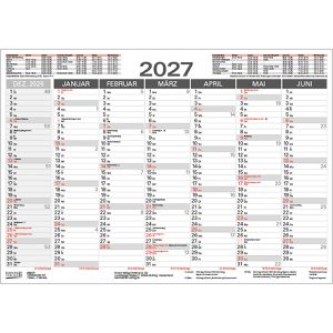 Korsch Tafelkalender 259727, mit Ferienübersicht, aus 250 g/m² Karton, 7 Monate = 1 Seite, A4, Jahr 2027
