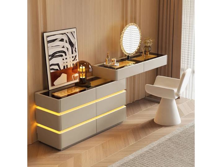 Commodes nordiques en bois massif, coiffeuse moderne pour chambre à coucher, tiroir intégré pour maison, petit appartement, Table de maquillage avec miroir LED