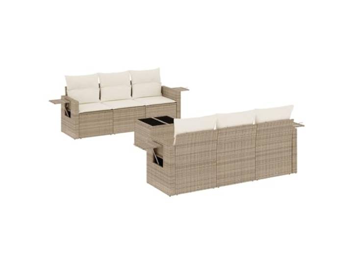 KTHLBRH Gartenmöbel-Set 7-teilig mit Kissen beige aus Polyrattan Tischplatte aus gehärtetem Glas, Klapptische, Gasdruckfeder, Kapazität 110 kg, Montage erforderlich