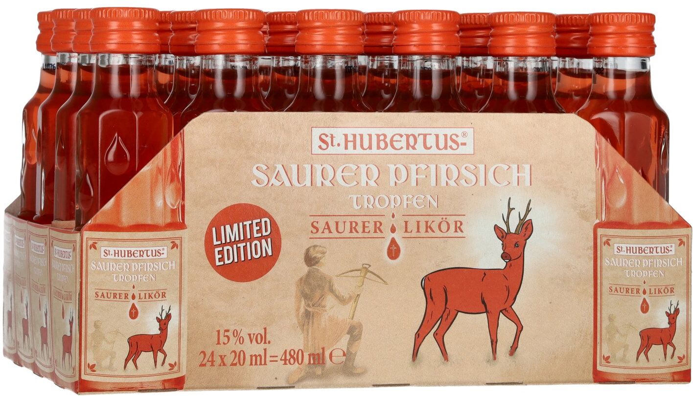 St. Hubertus Likör St. Hubertus SAURER PFIRSICH Tropfen Saurer-Likör Limited Edition 15% Vol. 24x0,02l