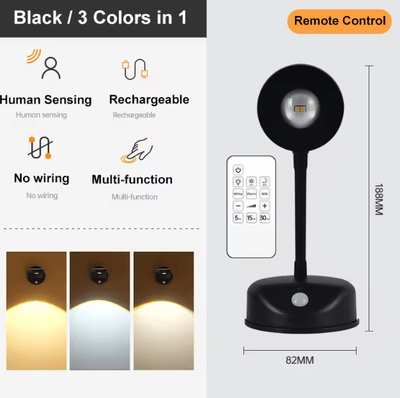 Inspire Curations USB Rechargeable Motion Sensor Wall Light Dimmable LED Spotlight For Artwork & Home Decor black remote Control 1200mah