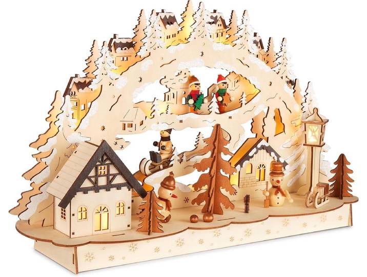 BRUBAKER 3D-lichtboog\, led-lichtboog\, dorp in besneeuwd winterlandschap\, kerstverlichting van natuurlijk hout\, 27 x 45 x 12 cm\, handbeschilderde kerstdecoratie voor tafel en vensterbank