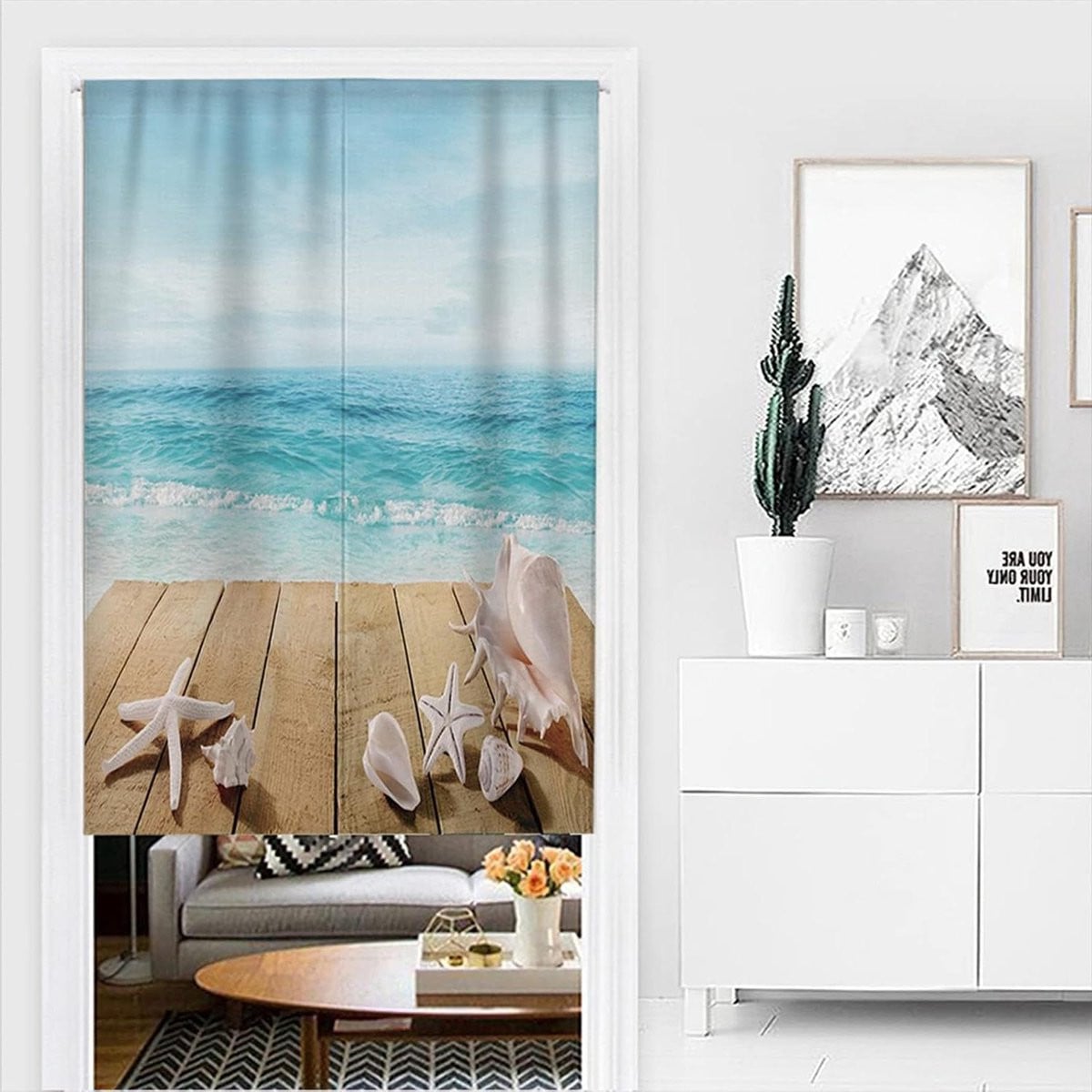 Japans Noren Deurgordijn met Zandstrand Patroon en Zeester - Keukenlinnen - B: 85 cm, H: 90 cm