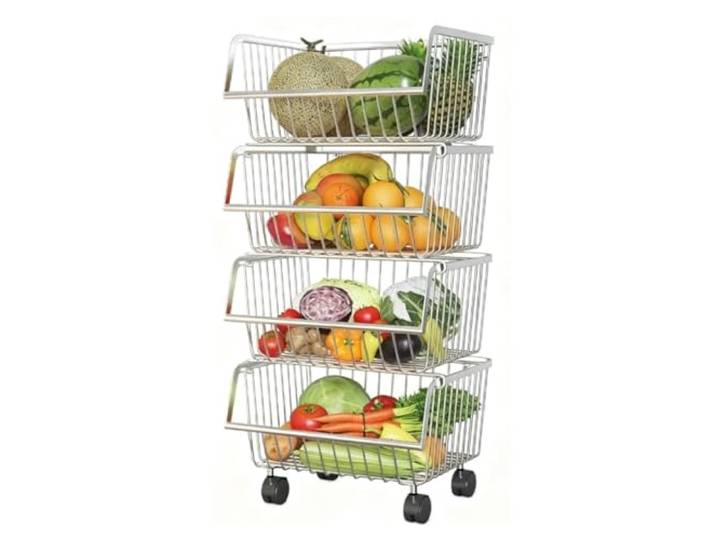 DFHetFH Rollwagen Obstkorb Aus Edelstahl for Küchenwagenständer, Verdickt for Wohnzimmer Küchenwagen(4 Tier)