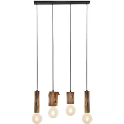 Pendelleuchte Holz Hängeleuchte Vintage Deckenlampe Küchen, Metall schwarz Eukalyptus, 4 flammig, H 150 cm, Esszimmer Wohnzimmer