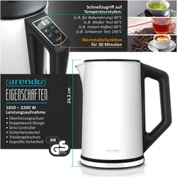 Arendo Frühstücks Set, Edelstahl Wasserkocher 1,5l Temperaturwahl & 2-Scheiben Langschlitz Toaster, Weiss, Wasserkocher, Weiss