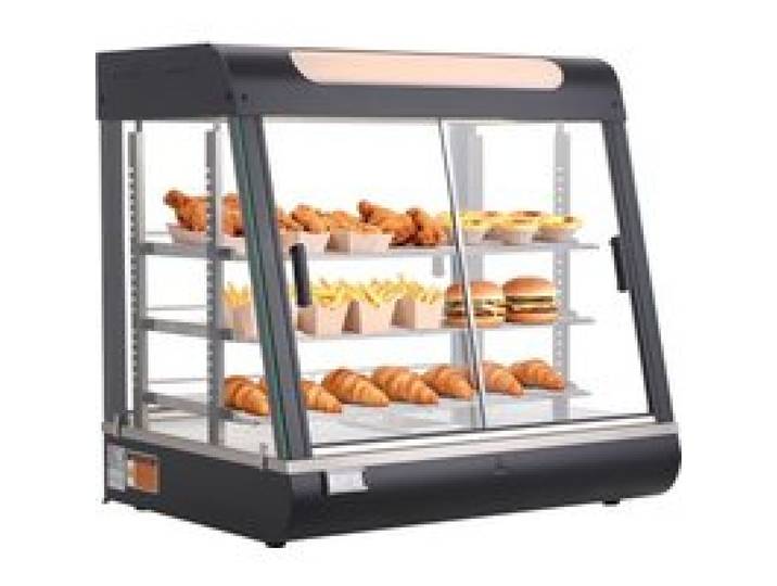 VEVOR 3-stöckige Wärmetheke 100 L, Warmhaltevitrine 1200 W, Warmhaltetheke 30–85 °C, Speisenwärmer mit LED-Beleuchtung & Verstellbaren Ablagen, Speisevitrine für Hamburger Pizza Brot Brathähnchen