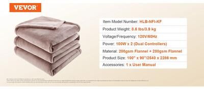 Inspired Living SucceBuy Electric Heated Throw Blanket With Timer Soft Flannel Sherpa Comfort, 5 Heat Levels 100x90in