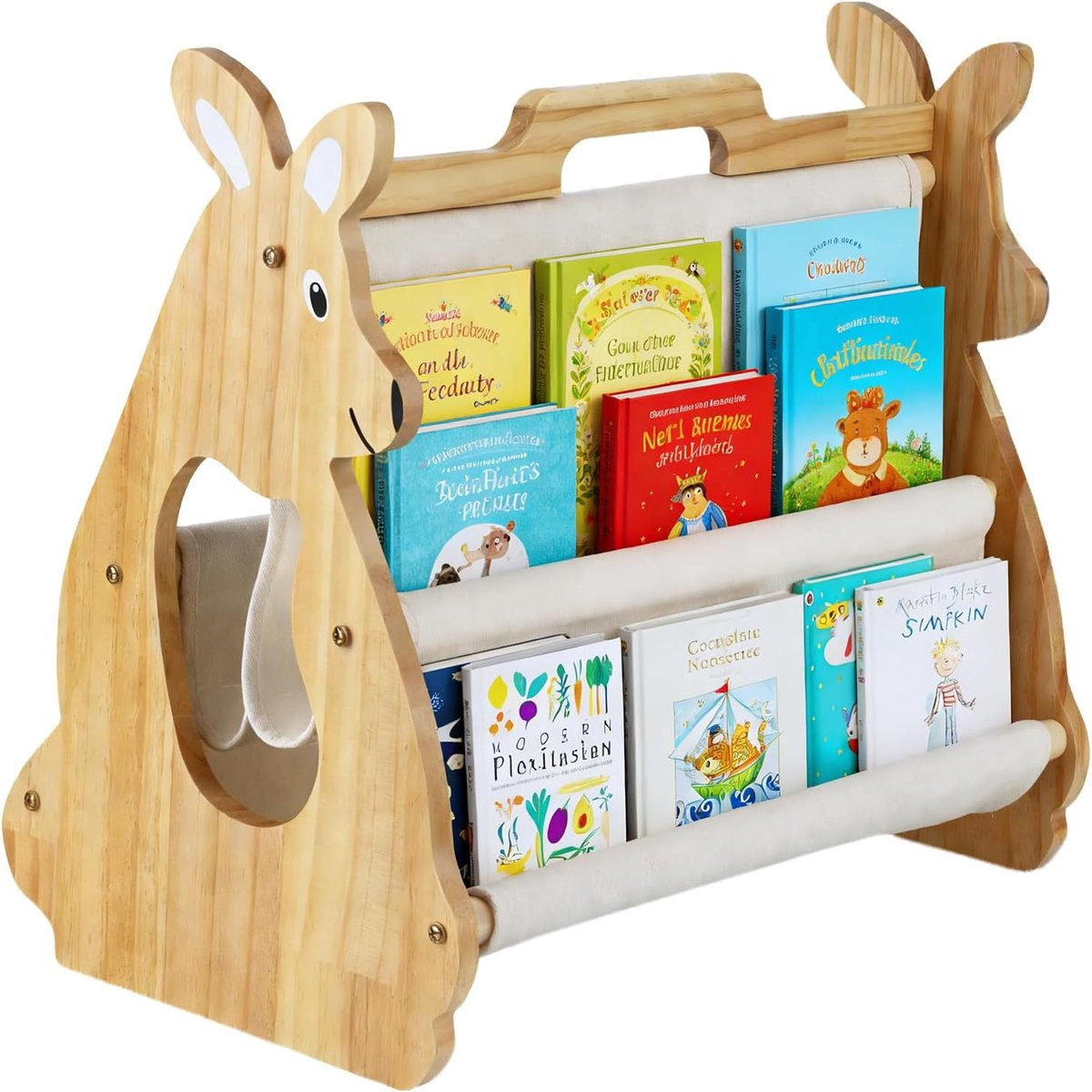 Draagbare houten kinder boekenkast met 3 niveaus en handvat in houtkleur