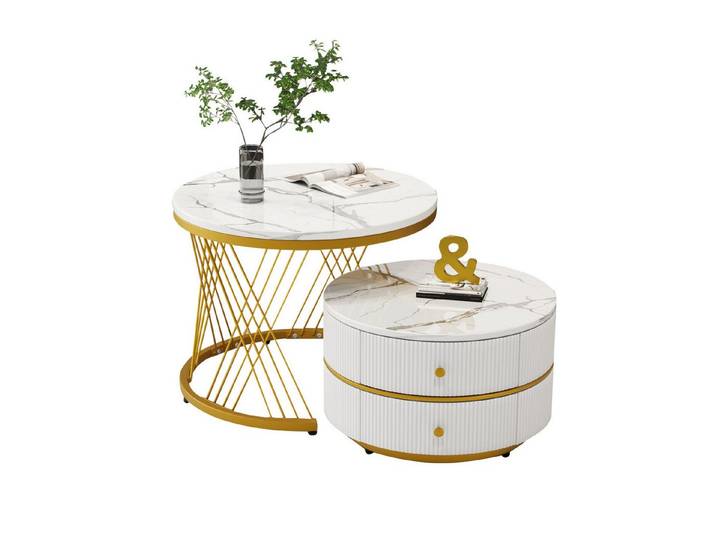 OKWISH Couchtisch Couchtisch-Set in Nestform (Sofatisch, Wohnzimmertisch, 2-St., 60*60*46cm & 50*50*30.8cm), mit 2 Schubladen, hochglänzender Marmoroptik