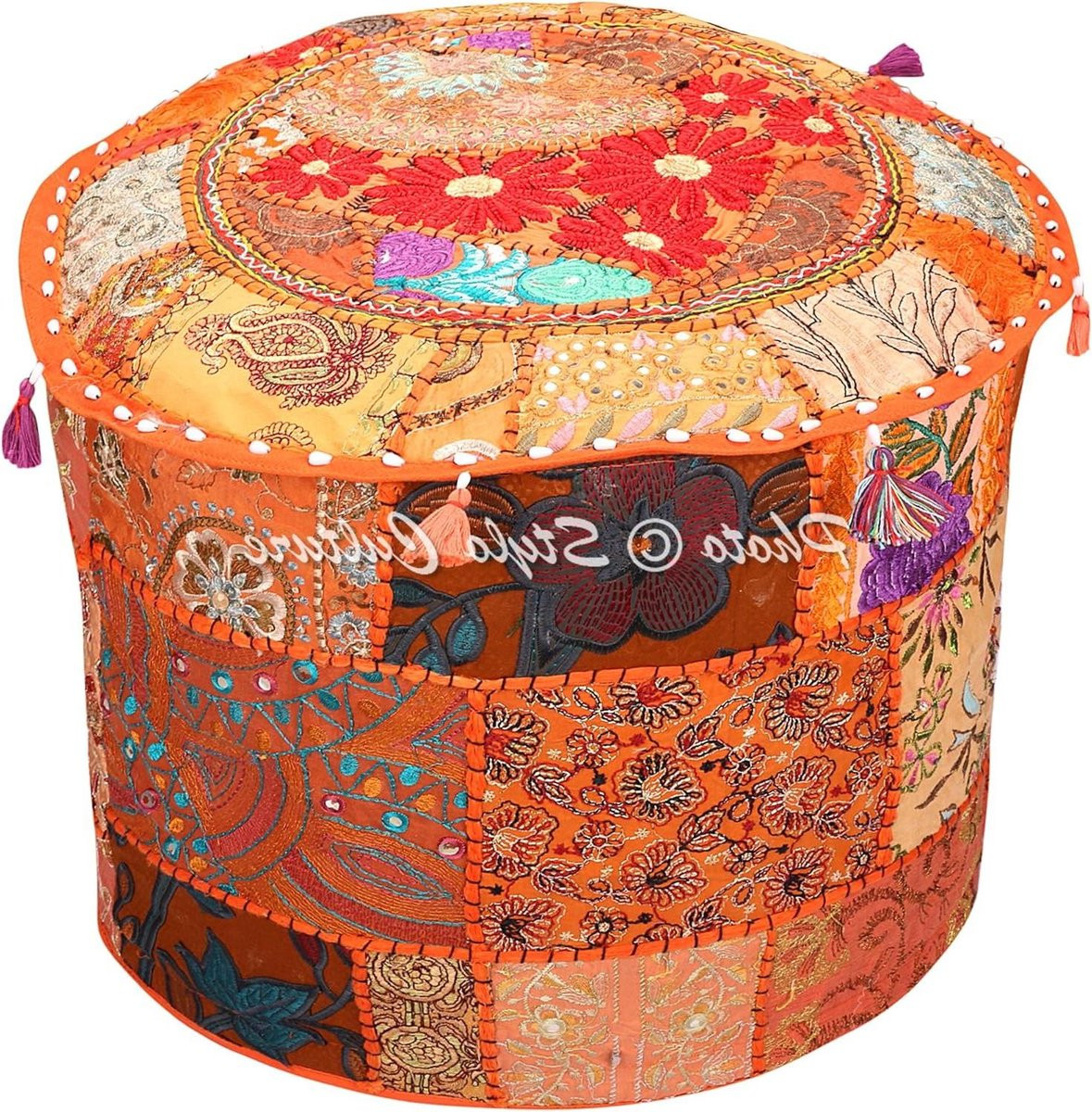 Vintage Oranje Etnische Geborduurde Patchwork Ottomaanse Poef Cover van Katoen - Ronde Stof - Diameter: 40 cm