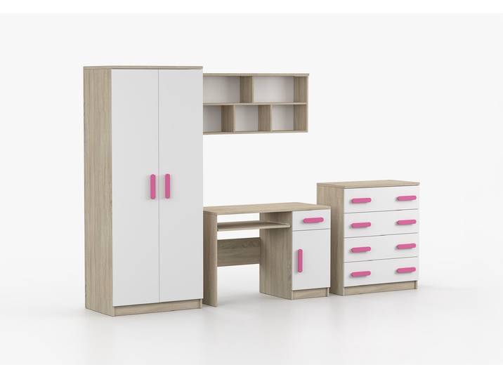 Kinderzimmer Komplett - Set JONAS III 02 (4-teilig) Sonoma Eiche Weiß Rosa