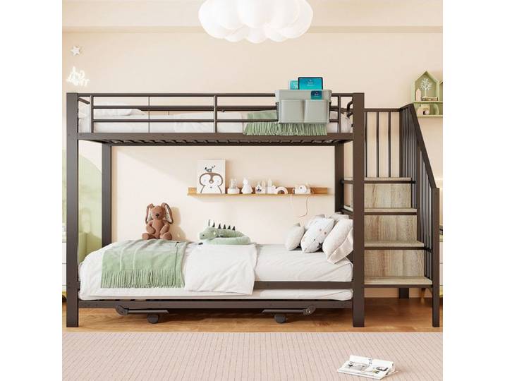 Lit superposé 90-180x200cm Cadre en fer design lit gigogne multifonctionnel structures D'escalier avec rangement sans matelas noir