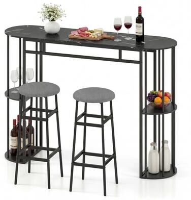 Costway 60 Inch Dining Table and 2 Upholstered Barstools with Faux Marble Tabletop-Gray