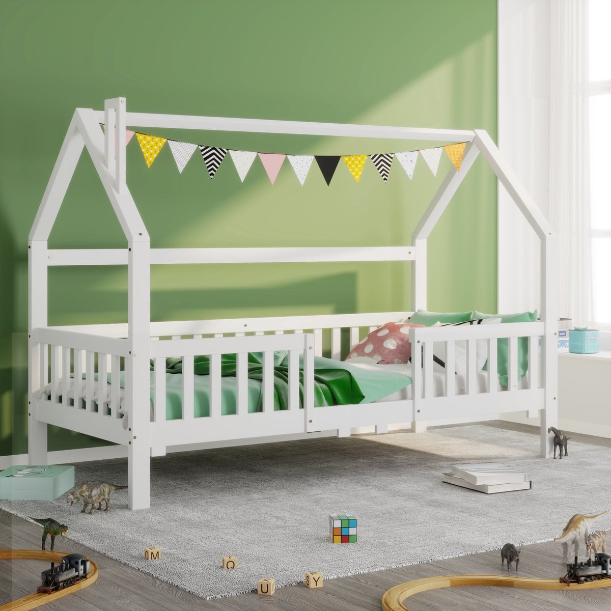 Sweiko Kinderbed Huisbed met Schoorsteen, Wit Houten Pine Kinderbed, 90 x 200 cm