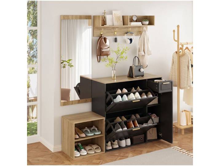 Set d'entrée 4 pièces avec porte-chaussures banc porte-manteau mural et miroir bois naturel et noir