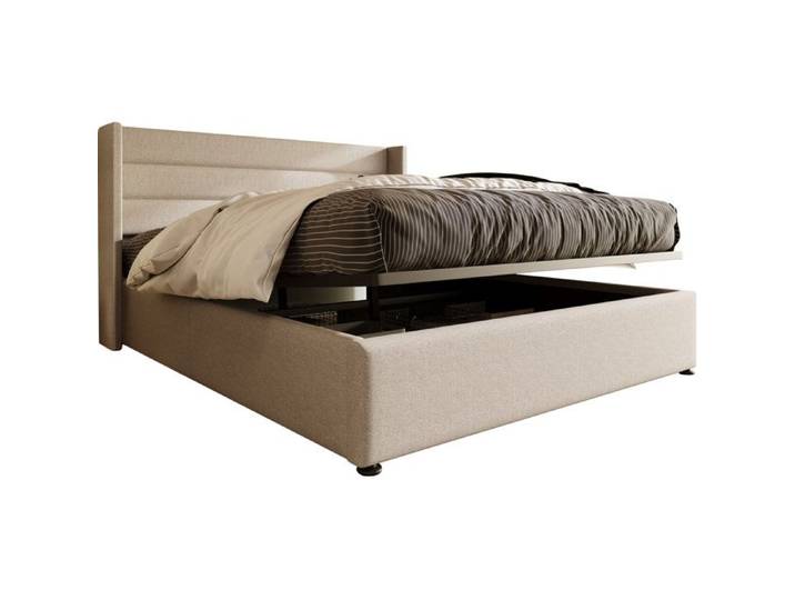 Lit coffre double 180x200 cm – sommier relevable hydraulique – revêtement lin beige