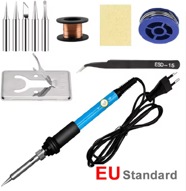 Inspire Essentials Adjustable Temperature Electric Soldering Iron 60W For Precise Repair And Welding Work 7 In 1 Blue Eu