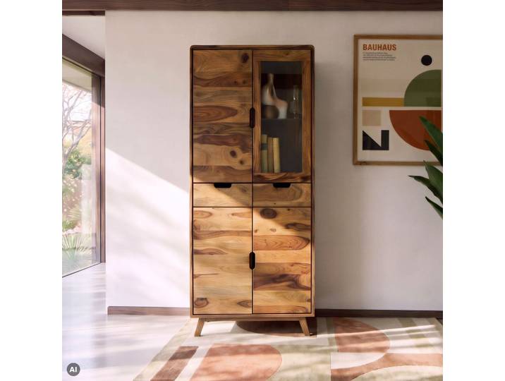 Vitrine Sheesham 85x45x180 natur sandgestrahlt lackiert MALMÖ 2 #232