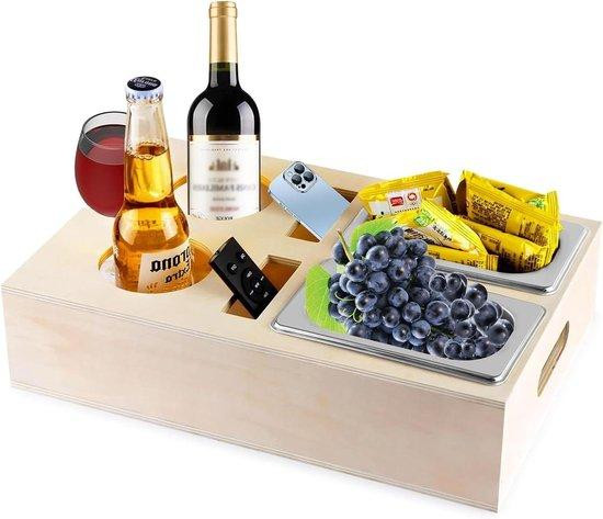 Houten bank met snackboxen en serveerplank, bruin