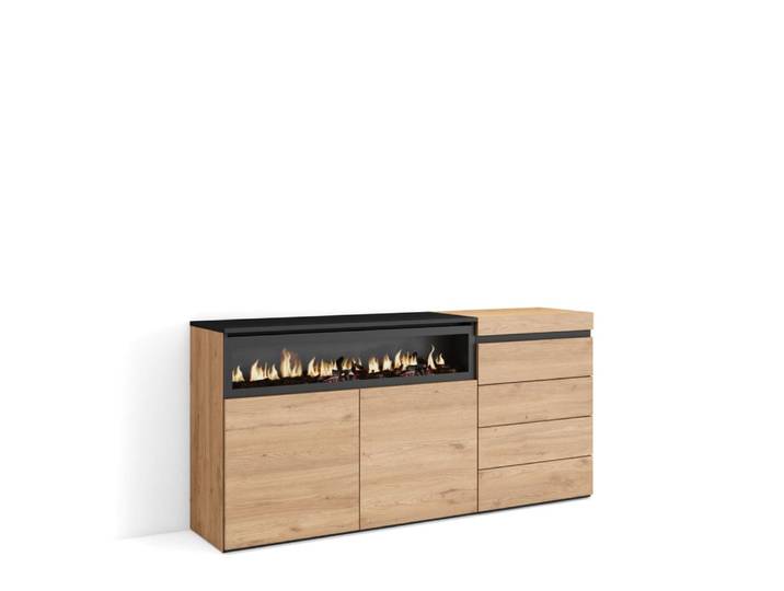 Buffet effet bois de chêne 157x35x75cm cheminée effet feu