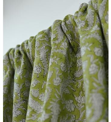 Fabdivine Farmhouse Green Floral Block Print Linen Rod Pocket Window Curtain - Blackforest