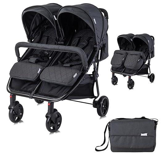 Zwillingskinderwagen Duo, Zwillingsbuggy klein faltbar für 2 Kinder, sehr leicht, Zwillingswagen nebeneinander, Geschwister Kinderwagen kompakt zusammenklappbar, schwarz