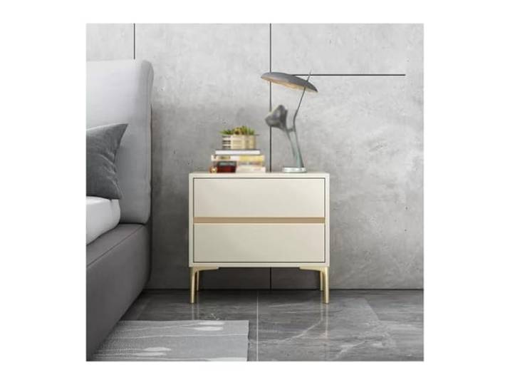 xiuling4568 Nachttisch aus Holz mit 2 Schubladen und stummer Führungsschiene, Nachttisch aus weißem Kunstleder, Schlafzimmer-Wohnzimmermöbel(Beige,L40xD40xH48cm)