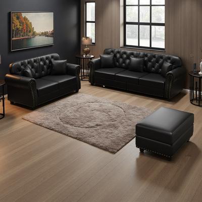 ZWYO HOSIMU 3-Piece Upholstered Faux Leather Sofa Set with 3-Seater Sofa, 2-Seater and Ottoman, 5 Pillows, Nailhead Trim