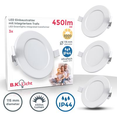 B.K.LICHT LED Einbauleuchte "3er Set Bad Einbaustrahler, IP44 geschützt, flache Einbauspots", weiß, Ø 11,5cm H: 3cm, Leuchten, 3.000K, 450Lm, 6W, Kunststoff, 11,5 x 3 cm, Weiß, LED Einbaustrahler LED Deckeneinbaustrahler