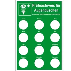 Prüfnachw.für Augenduschen DGUV Inf. 213-850, Prüfplakette Ø20mm, Kunststoff, 100x150mm, DGUV