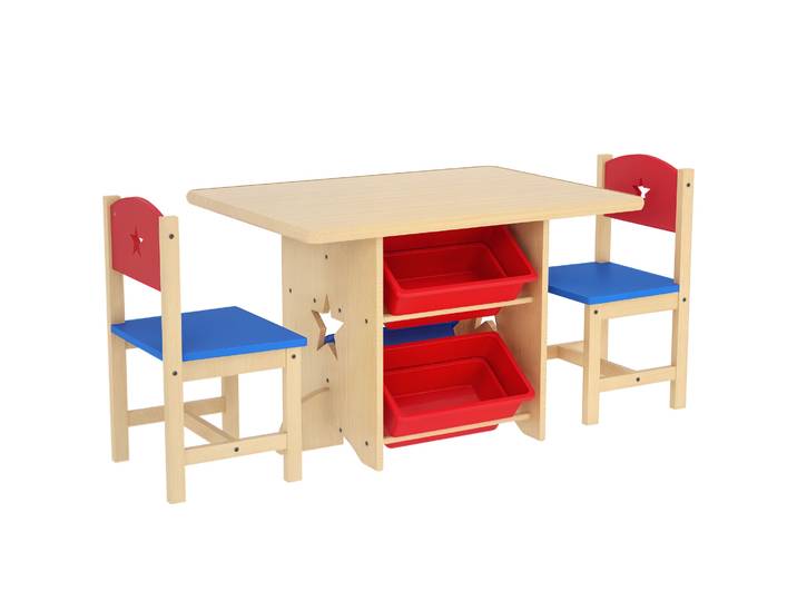 AIYAPLAY Table enfant avec 2 chaises, ensemble table et chaises enfants 3 pièces en bois, avec 4 bacs de rangement, motifs étoil