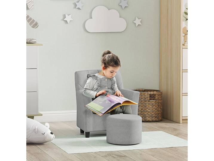 AIYAPLAY Fauteuil pour enfants avec repose-pieds, dossier à motif en losange, siège doux, cadre en bois, gris