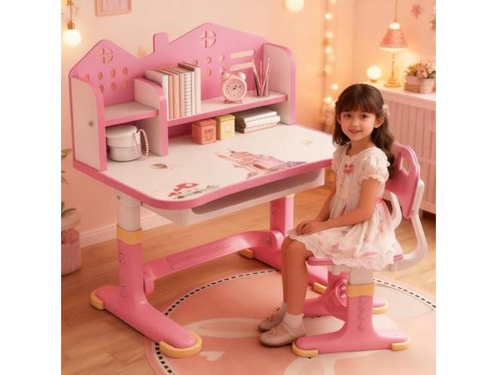 Tuelaly Kinderschreibtisch und Stuhl-Set, höhenverstellbare Kinderschreibtische mit geräumiger Schublade, goldener Abstand zur Vermeidung von Kurzsichtigkeit, Design Schreibtisch für Kinder für