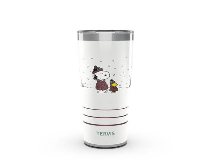 Tervis Traveler Peanuts Snoopy & Woodstock Christmas Puffer Buddies Dreifachwandiger, isolierter Becher hält Getränke kalt und heiß, 590 ml, Edelstahl