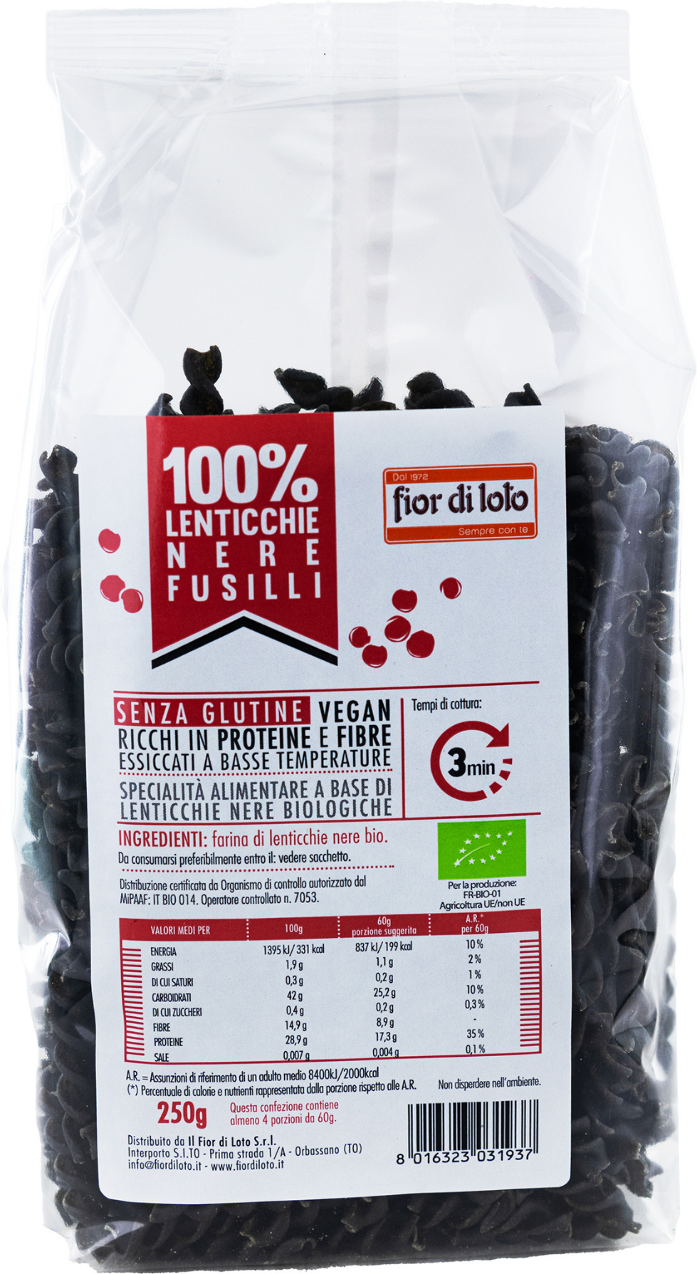 FIOR DI LOTO 100% Lenticchie Nere Fusilli 250 Grammi 