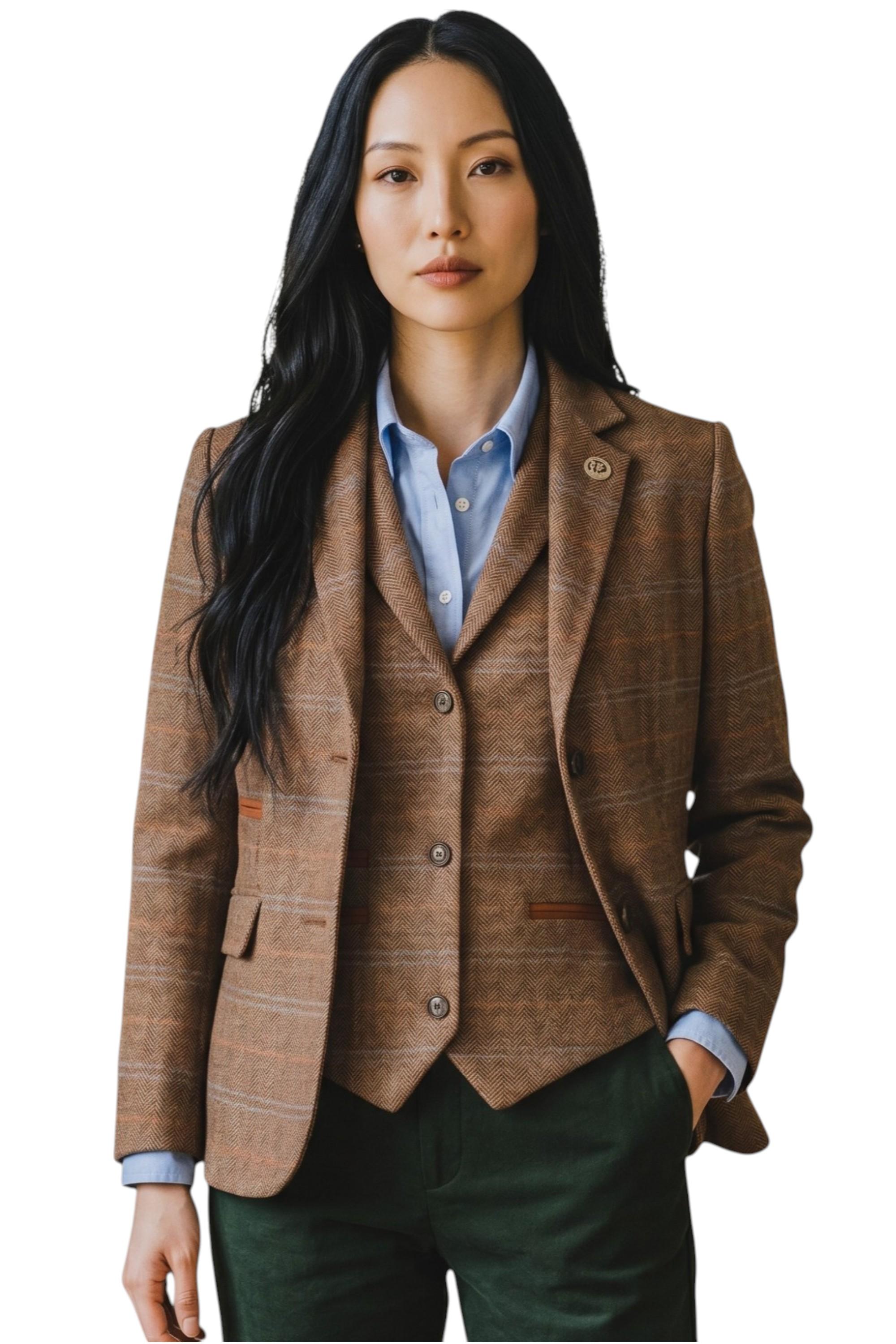 Damen-Eichenbraunes zweiteiliges kariertes formelles Tweed-Blazer und Westenset – TPSTZ-7