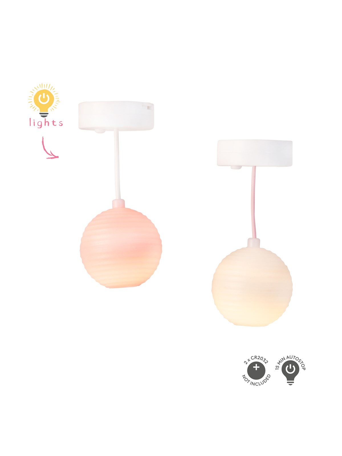 Micki Lundby Papier-Deckenlampen mit Licht. Benötigt 2x CR2032 Batterien (nicht enthalten), 15-Minuten-Abschaltautomatik.