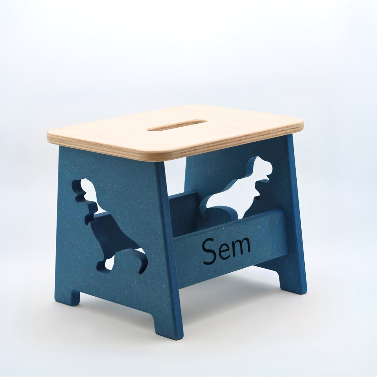 TieWood Gepersonaliseerde houten kinderkruk met dino print - Blauw