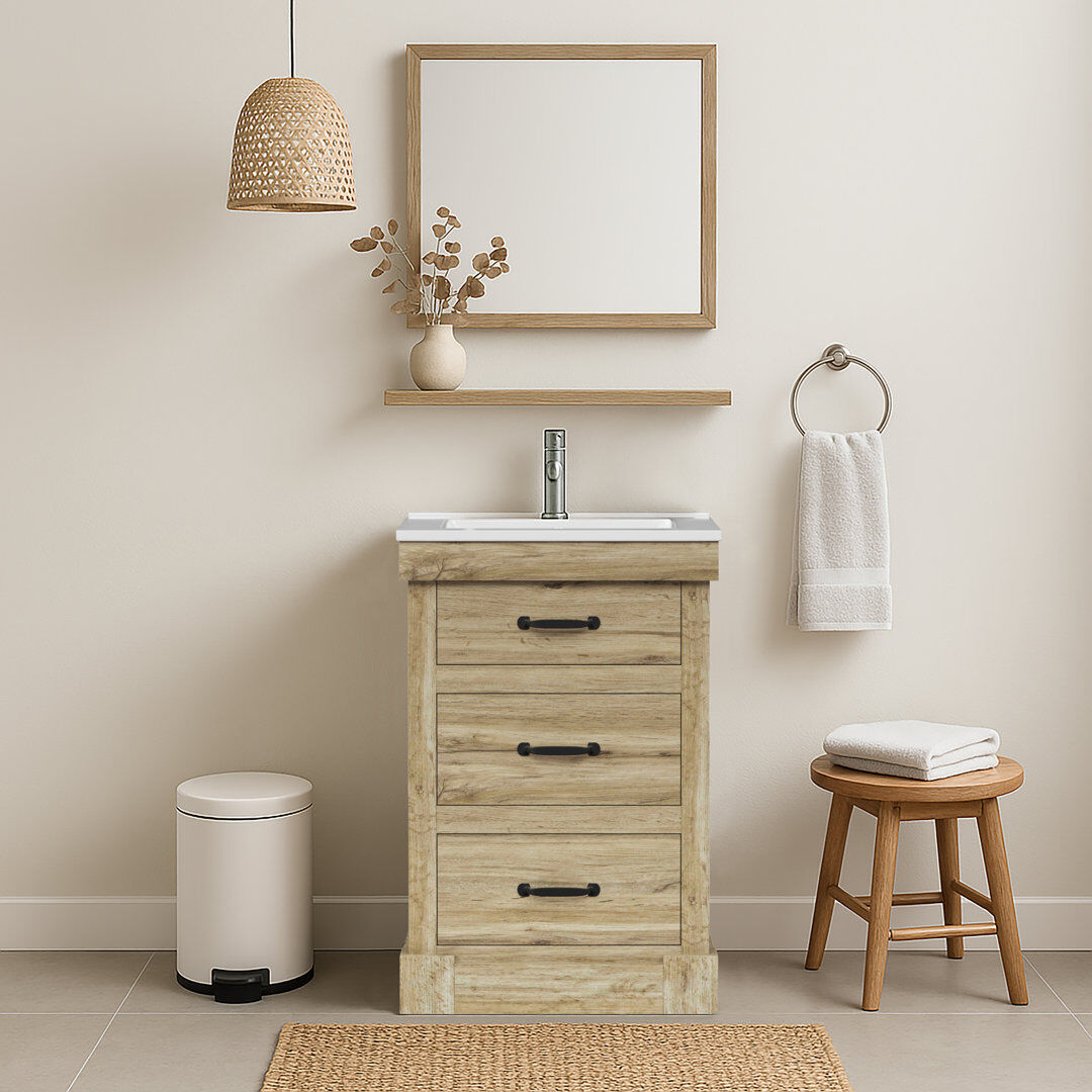 Brambly Cottage Donovan Vanity With White Sink 1 Pull Down And 2 Drawers Light Oak Cream 61 cm